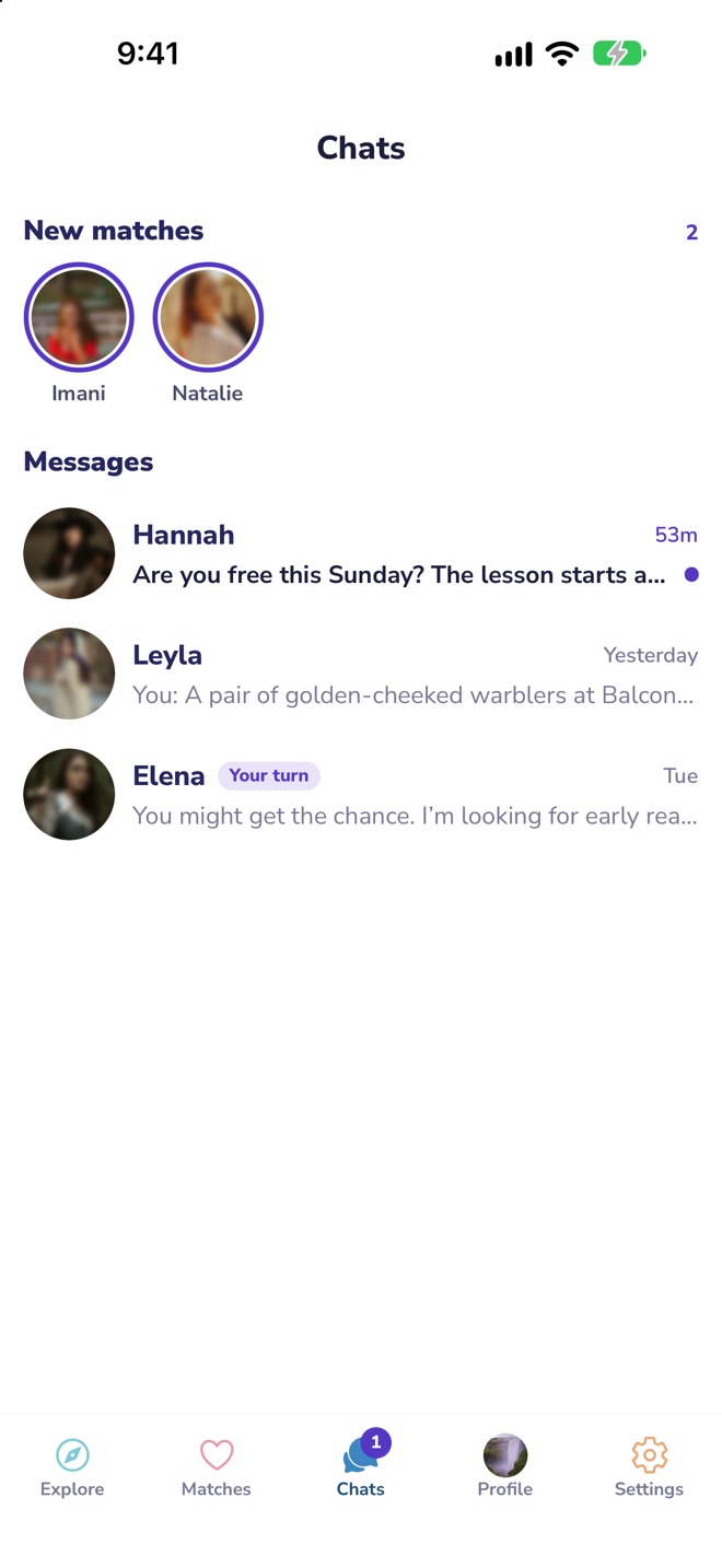 The Chats screen: new matches and conversations