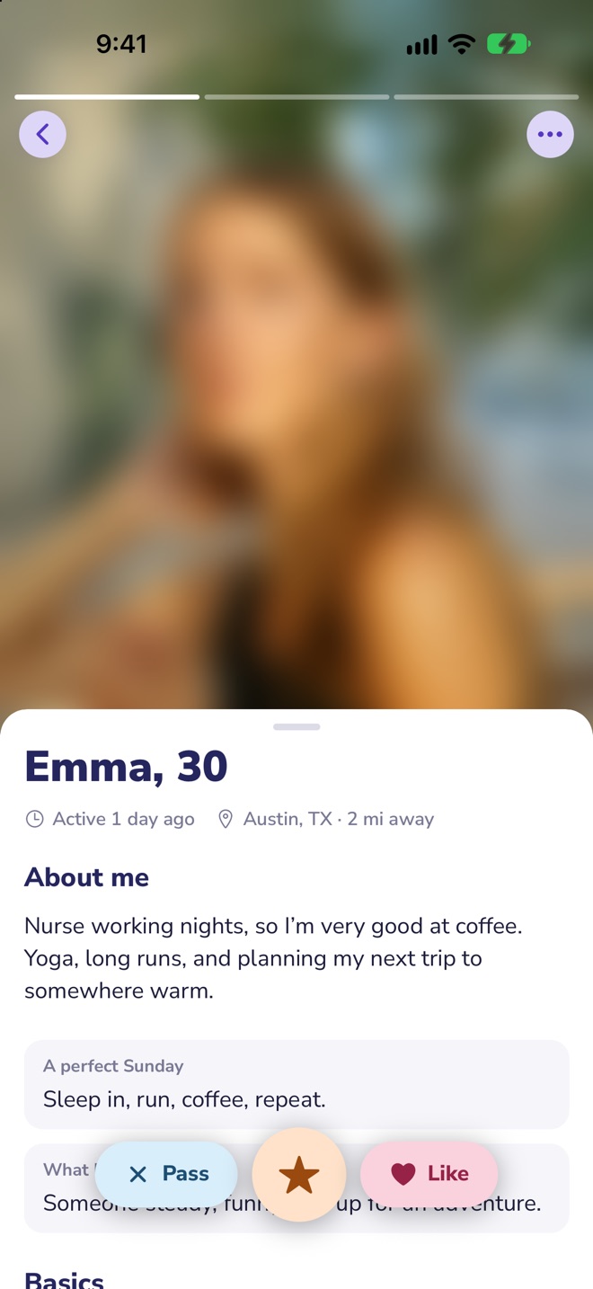 A profile: photos, about me and prompts